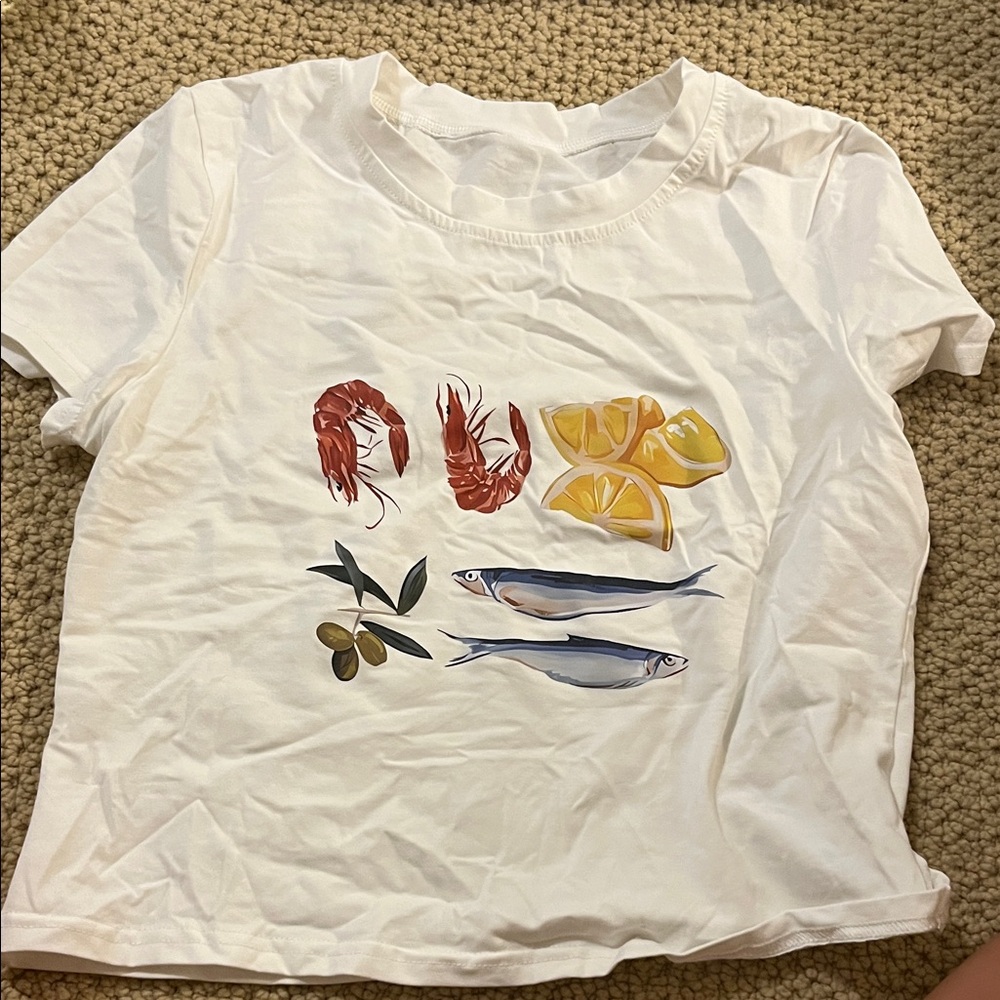 White Graphic Tee with Seafood Print